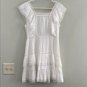 Blue rain open back White Dress with Floral Embroidered lace M